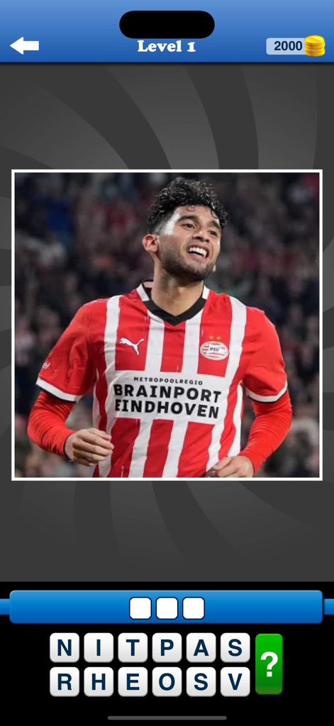 Whats the Team? Football Quiz - 레벨 1을 위해 PSV 에인트호번 저지를 입은 축구 선수를 보여주는 축구 퀴즈 모바일 게임 화면
