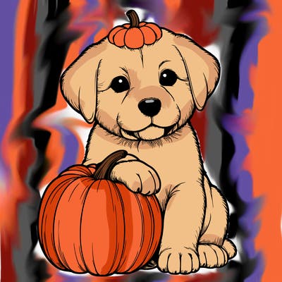 a realistic puppywith a pumpkin on his head