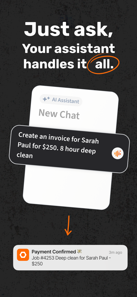 Overbooked : AI Field Service - AI 비서가 텍스트 명령으로 송장을 생성하고 결제 확인 알림을 보여주는 Overbooked 앱 인터페이스.