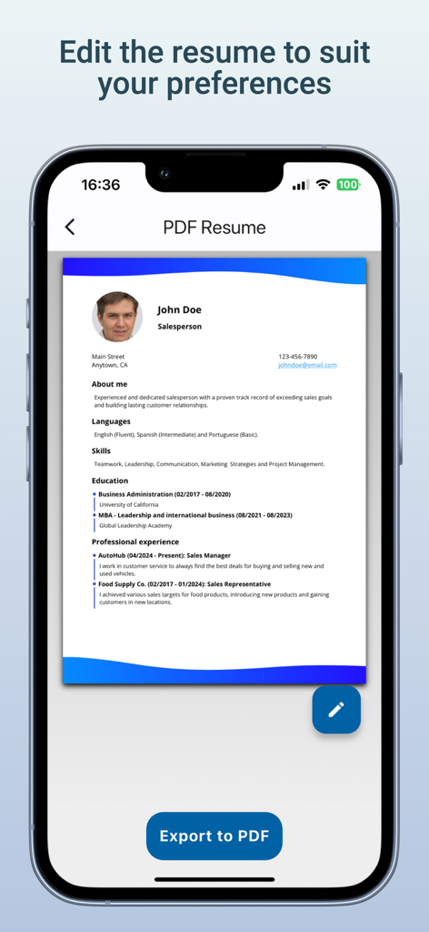 Resume Builder - CV Creator - Uma tela de celular mostrando a prévia de um currículo de vendedor profissional com um botão de exportar para PDF