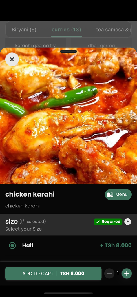 Karachi Food Master - Chicken Karahi dish selection on Karachi Food Master mobile app