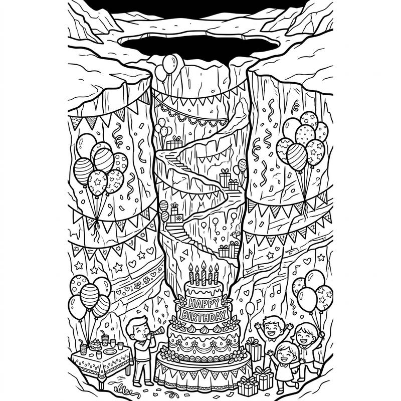 Journey into an extraordinary birthday celebration set deep within a glacial moulin. This unique coloring page offers a captivating scene of children, cake, and gifts in an icy wonderland, perfect for imaginative colorists.