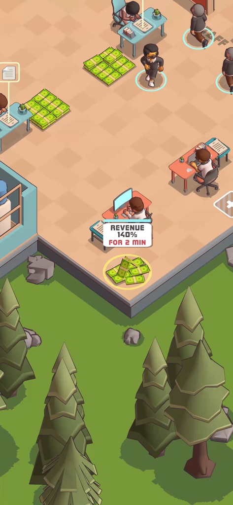 Office Tycoon: Expand & Manage - Isometric gameplay view of Office Tycoon showing employees working at desks with stacks of cash and a revenue boost indicator.