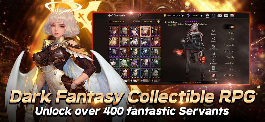 Heir of Light dark fantasy collectible RPG showing servant collection and character details