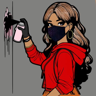 realistic girl with mask spray painting a wall