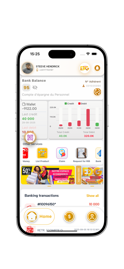 EDG MOBILE-BANK - EDG Mobile Bank app dashboard displaying account balance and financial charts on an iPhone