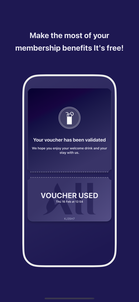 ALL Accor app screen showing a validated membership welcome drink voucher