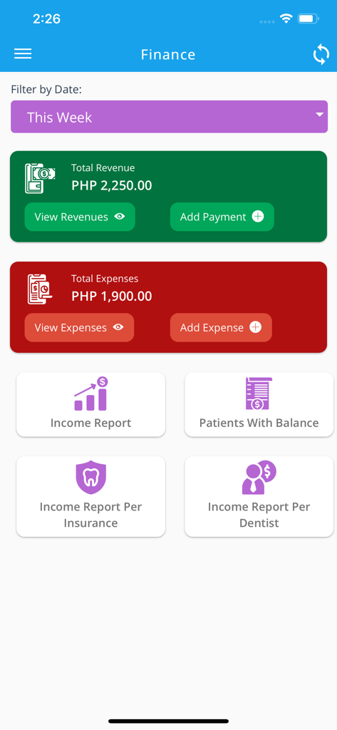Financial tracking dashboard in My Dental Clinic app showing weekly revenue and expenses