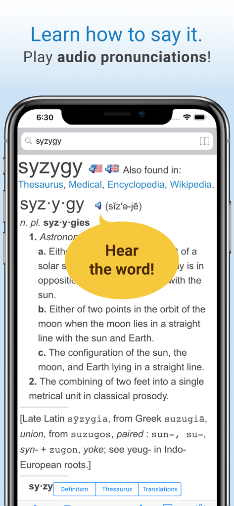 Interface of the Dictionary app showing word definitions and audio pronunciation feature