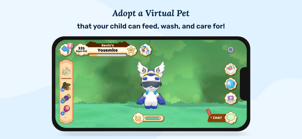 Joon Pet Game interface featuring a customizable virtual pet for children to feed and wash