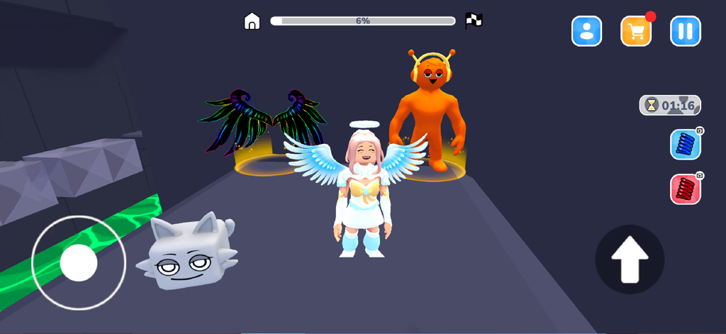 Obby World: Prison Escape - Character customization screen in Obby World featuring a winged avatar and unique pets