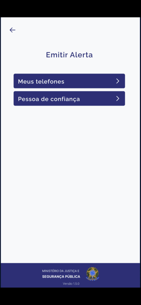 Celular Seguro BR - Interface of the Celular Seguro BR app showing the Emitir Alerta screen with options for My phones and Trusted person.