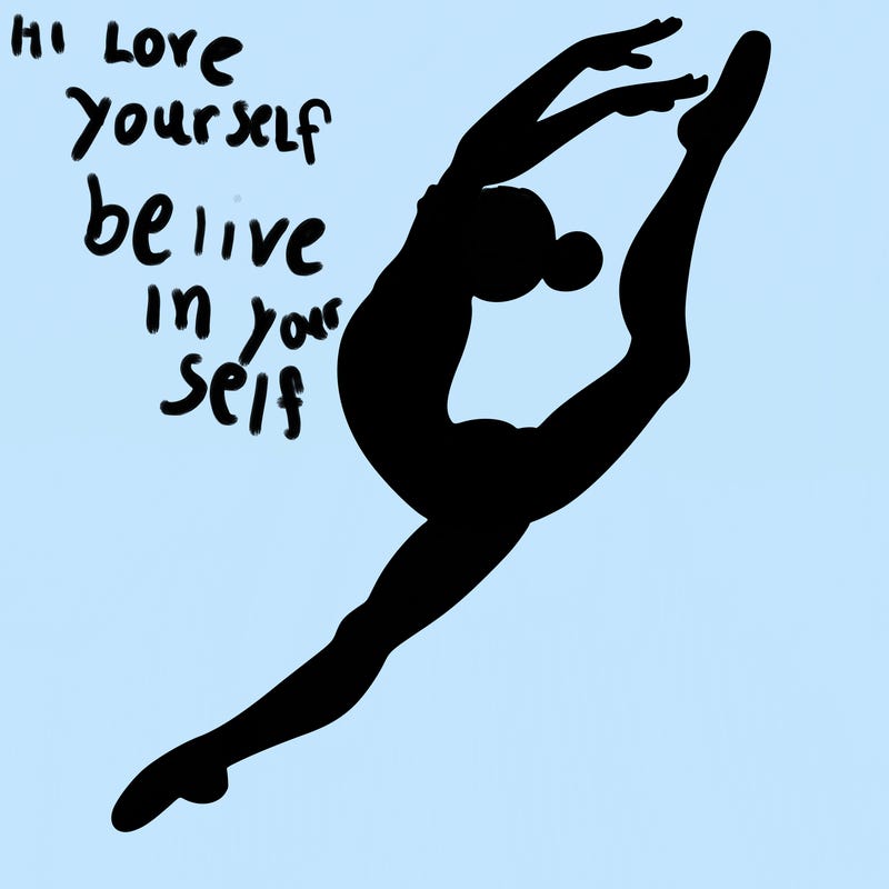gymnast doing a leap in a leotard with a bent back leg