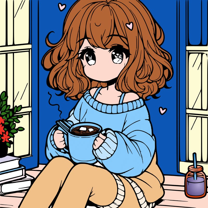cute anime girl reading book and drinking hot chocolate from mug with loose wavy hair wearing a baggy sweatshirt and shorts sitting by windowsill looking out