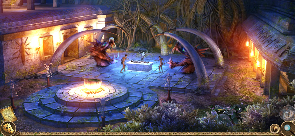 Black Rainbow Mystery - Una misteriosa escena de ritual en un templo antiguo con un altar de piedra y estatuas de dragones