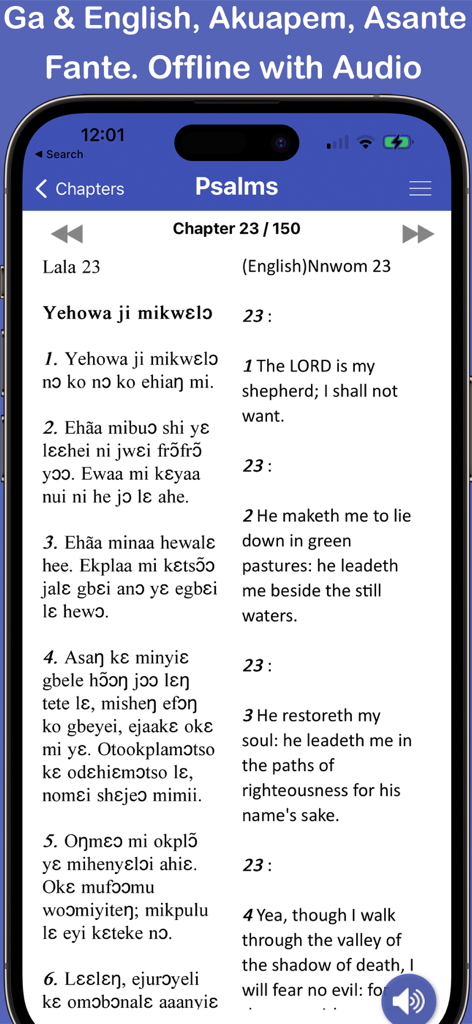 Screenshot of the Twi Ga Fante and English Bible app showing Psalm 23 in a side by side parallel view of Ga and English languages