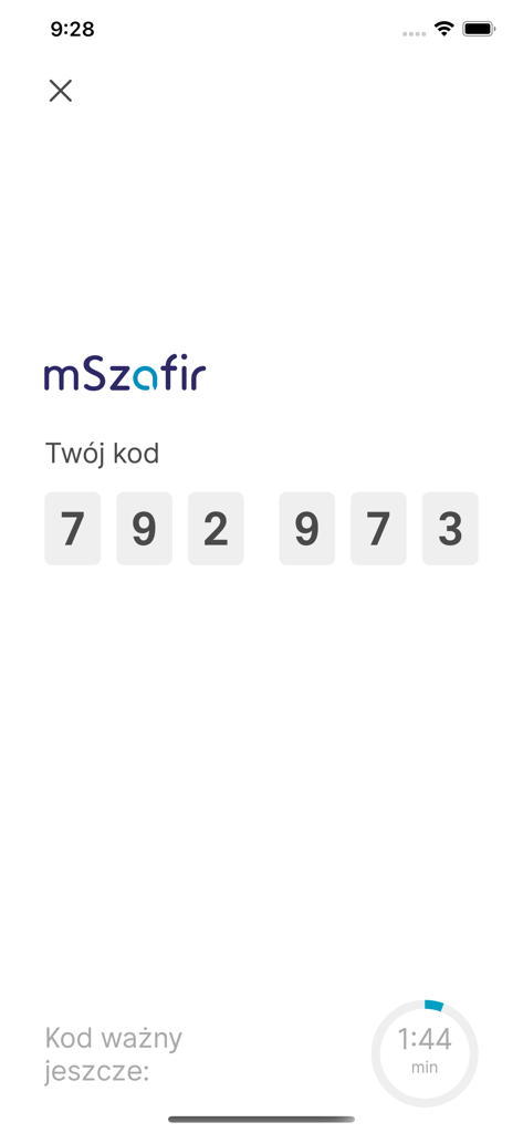La aplicación móvil mSzafir mostrando un código de verificación de seguridad con un indicador de tiempo restante.