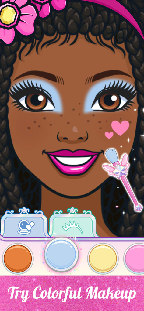 Un personnage Barbie à la peau foncée et aux cheveux tressés se appliquant un fard à paupières bleu et un rouge à lèvres rose dans l'application Barbie Magical Fashion.
