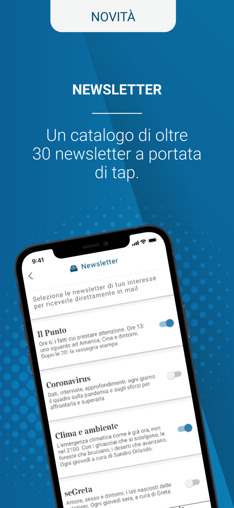 Um smartphone exibindo a lista de assinatura de newsletters dentro do aplicativo Corriere della Sera Edicola