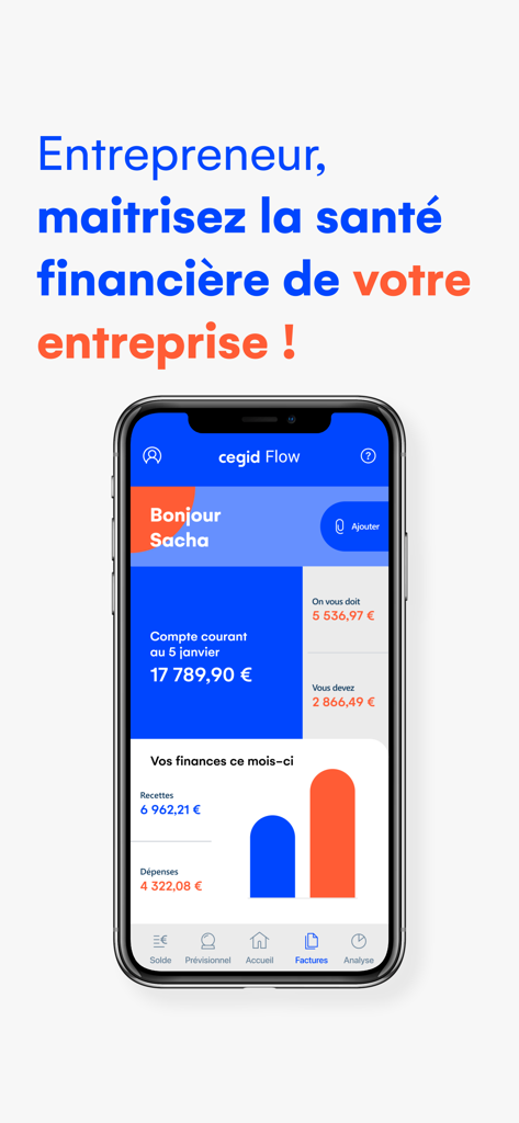 Cegid Flow - Tableau de bord de l'application mobile Cegid Flow affichant la santé financière de l'entreprise en temps réel et le suivi de la trésorerie pour les entrepreneurs