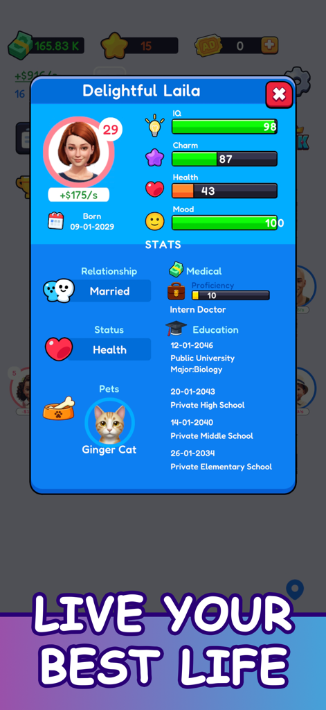 Family Sim: Life Simulator - Ein Charakterprofilbildschirm in Family Sim, der Statistiken für IQ, Charme, Gesundheit und Stimmung zusammen mit Bildungs- und Karrierehistorie zeigt.