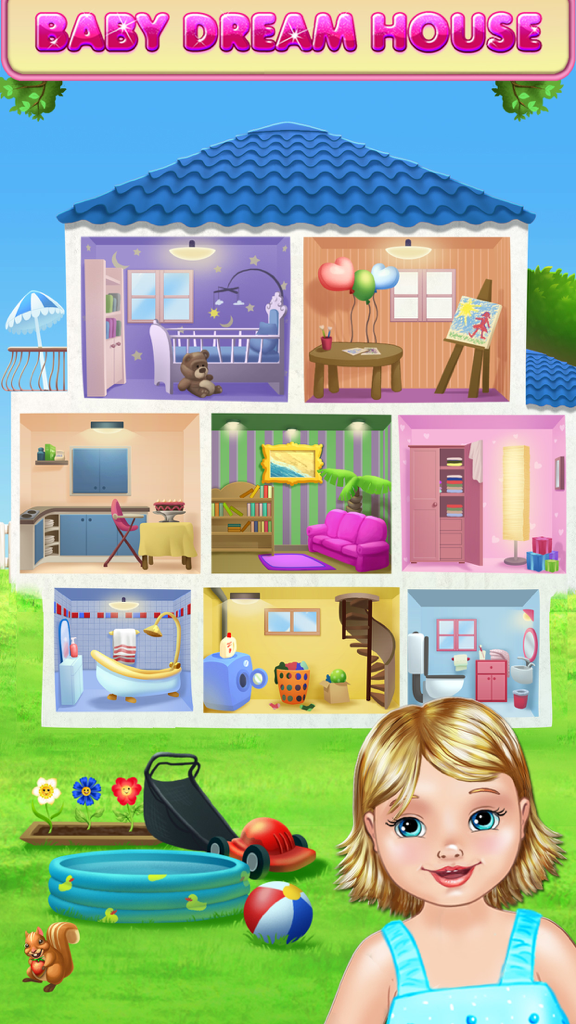 A cross-section view of a colorful digital dollhouse with nine different rooms and a baby girl character.