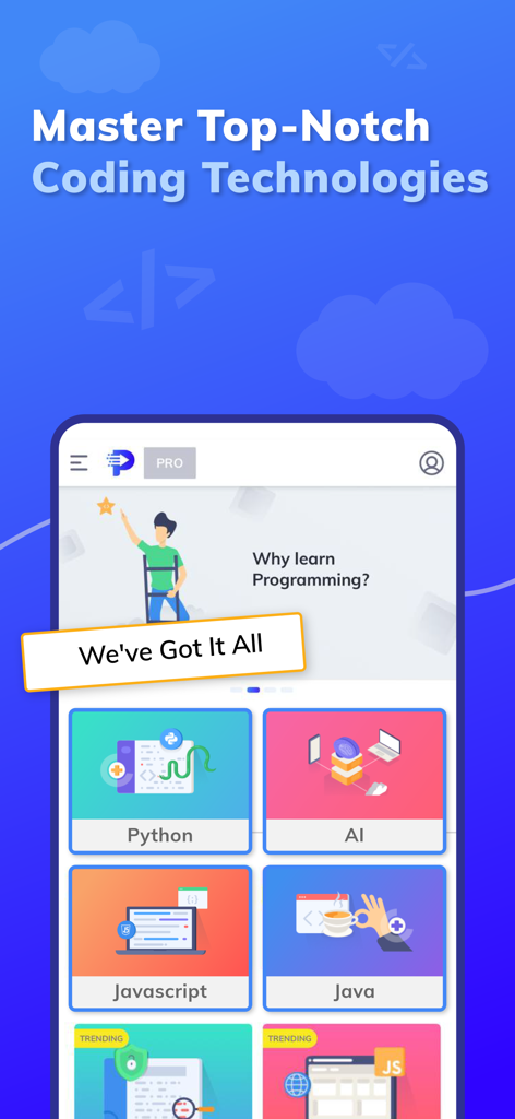 Programming Hub: Learn Coding - Interfaz de la aplicación móvil Programming Hub que muestra una selección de cursos de programación para Python, IA, Javascript y Java.