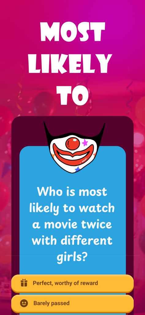 Pantalla del modo de juego Most Likely To mostrando una tarjeta de pregunta social con botones de recompensa.