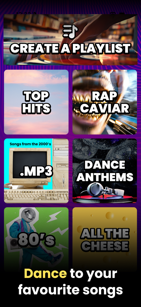 Who Is The Imposter? - Uma tela de menu mostrando várias categorias de playlists de música para um jogo de festa de dança.