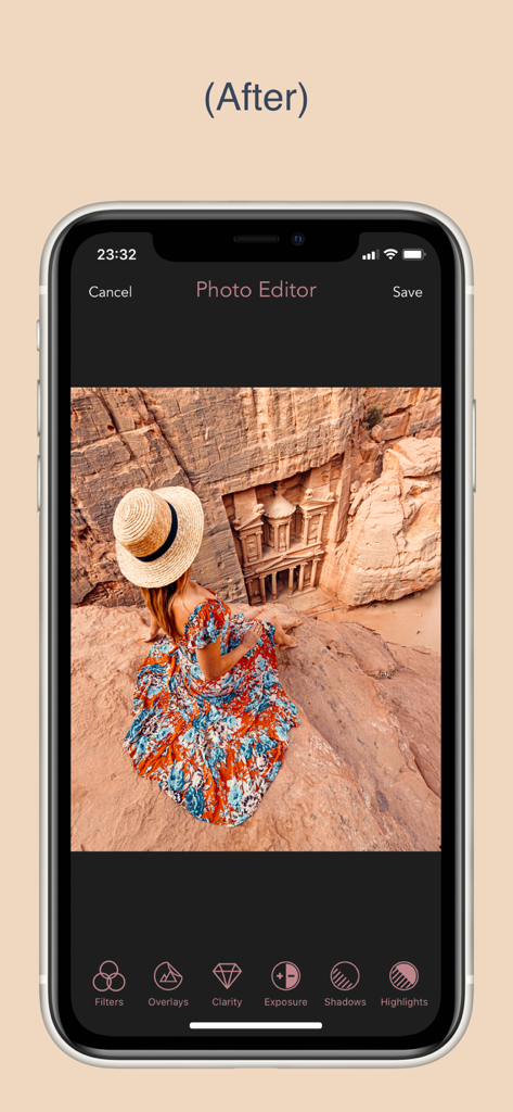 @izkiz - The izkiz mobile photo editor displaying a vibrant travel photo of a woman at Petra after applying filters