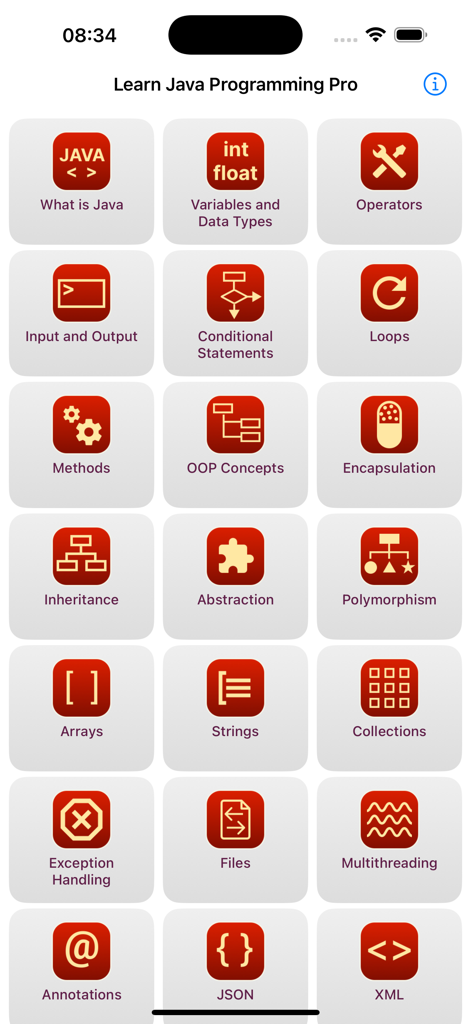 Learn Java Programming Pro - Main menu showing Java programming chapters from basics to advanced topics like OOP and JSON