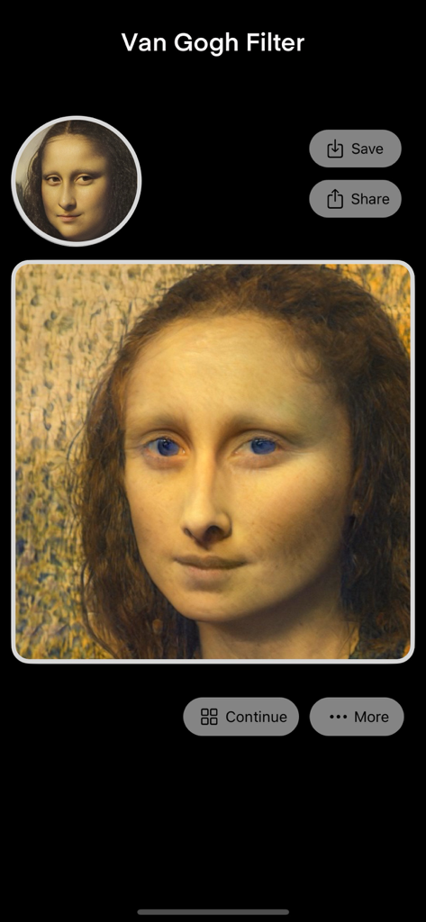 AI Face Magic - Your Bald Head - AI Face Magic app interface showing a Van Gogh filter applied to the Mona Lisa portrait