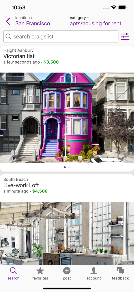Craigslist mobile app showing apartment and housing rental listings in San Francisco including a Victorian flat and a live work loft
