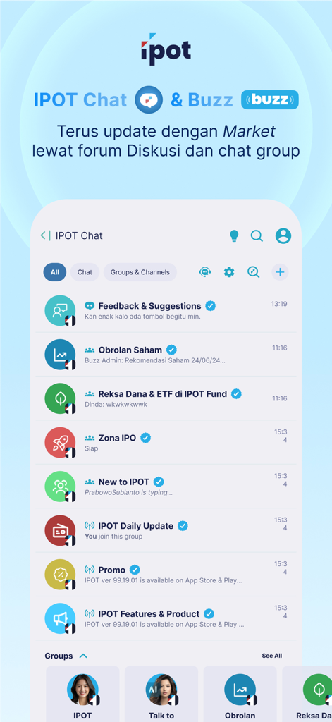 Interface of the IPOT app chat and buzz feature showing multiple investment discussion groups for stocks and mutual funds