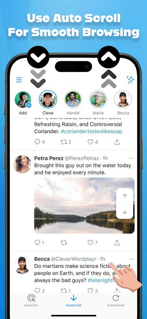 Interface of Auto Clicker app demonstrating the auto scroll feature for smooth social media browsing on iPhone