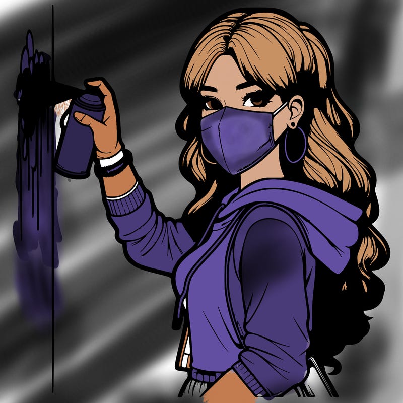 realistic girl with mask spray painting a wall