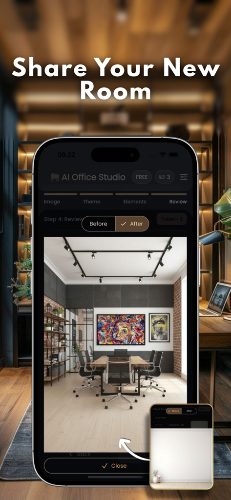 AI Office App zeigt einen Vorher-Nachher-Vergleich eines industriellen Besprechungsraums