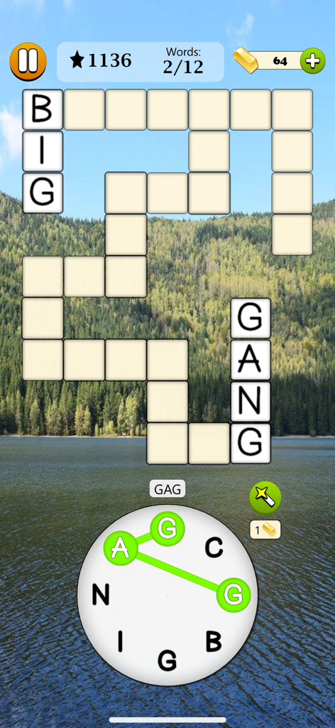 Word Tangle - Word Game - Gameplay of Word Tangle showing a crossword puzzle grid and letter wheel over a scenic lake background