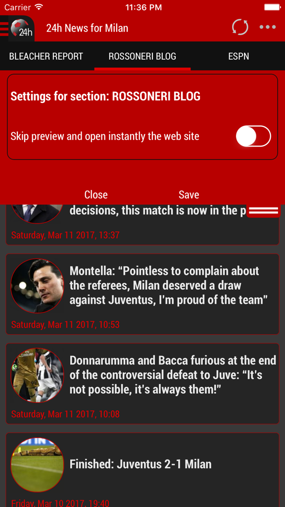 Milan 24h - Screenshot of the Milan 24h app showing a news feed with AC Milan match reports and news blog settings