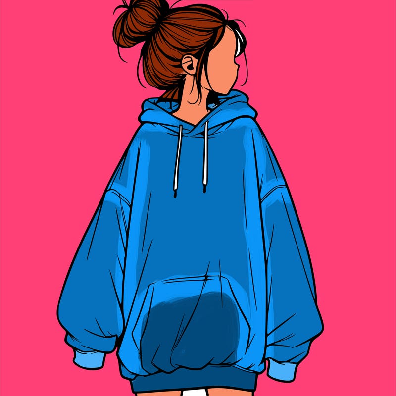 realistic girl with a oversized sweatshirt on and a bun