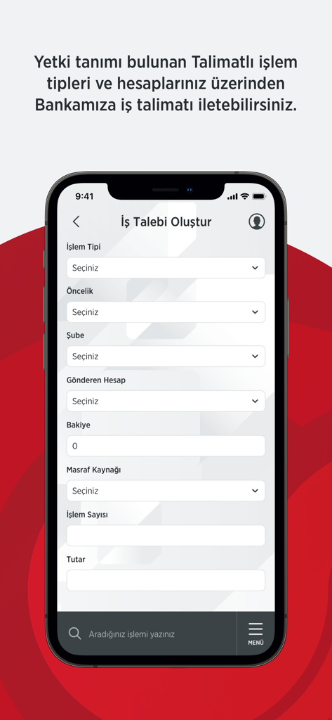 Ziraat Bankası OPİアプリで法人バンキングの作業リクエストを作成するためのフォーム。