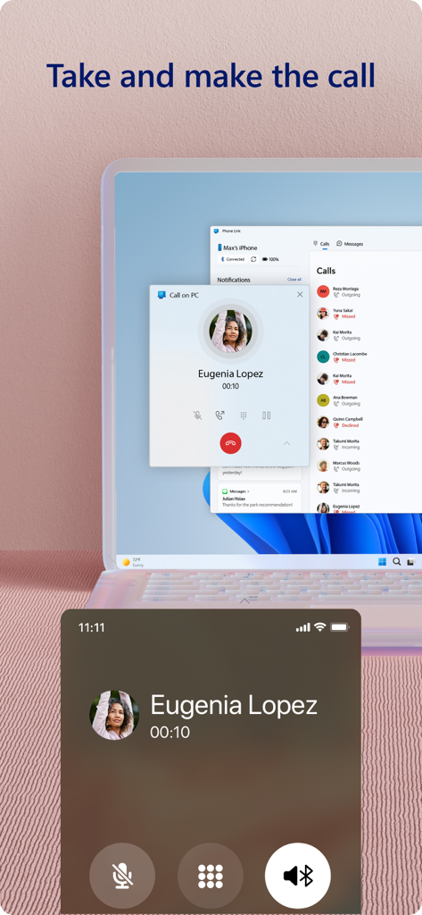 Une capture d'écran de l'application Lien vers Windows montrant un appel iPhone actif géré sur l'écran d'un PC Windows