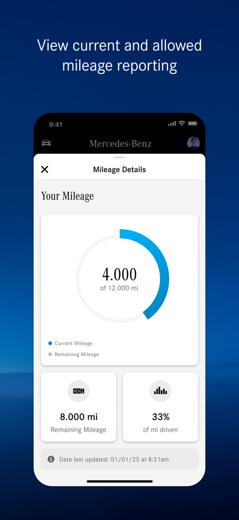Mercedes-Benz Finance app dashboard displaying current and remaining mileage tracking for vehicle leases