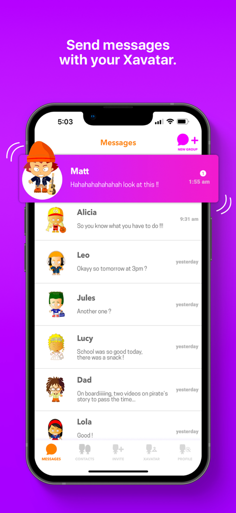 Xooloo - Messenger for Kids - Écran de l'application Xooloo Messenger pour Enfants montrant une liste de messages de discussion avec des avatars de dessins animés personnalisés