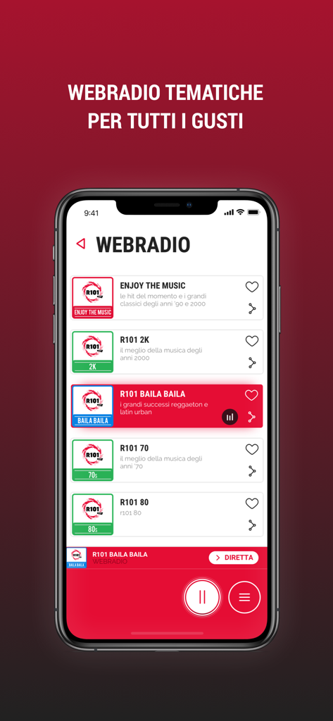 Schermata dell'app mobile R101 che mostra un elenco di stazioni radio web tematiche per diversi generi musicali