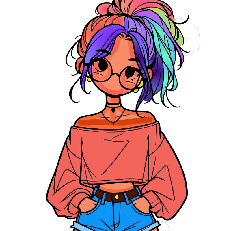 girl with a messy ponytail glasses a baggy crop top and jean shorts