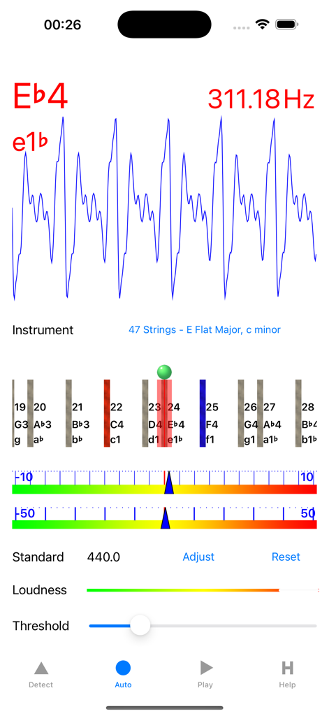 Harp Tuner - Captura de pantalla de la aplicación Harp Tuner mostrando la interfaz de afinación de la nota Eb4 con visualización de la forma de onda de sonido y medidor de precisión