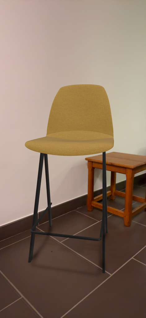 HomeByMe Reality – Deco 3D - A yellow bar stool rendered in augmented reality within a real room setting using the HomeByMe Reality app