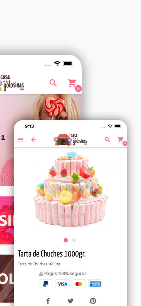 La casa de las golosinas - Mobile app interface for La casa de las golosinas showing a three-tier pink marshmallow candy cake with secure payment options