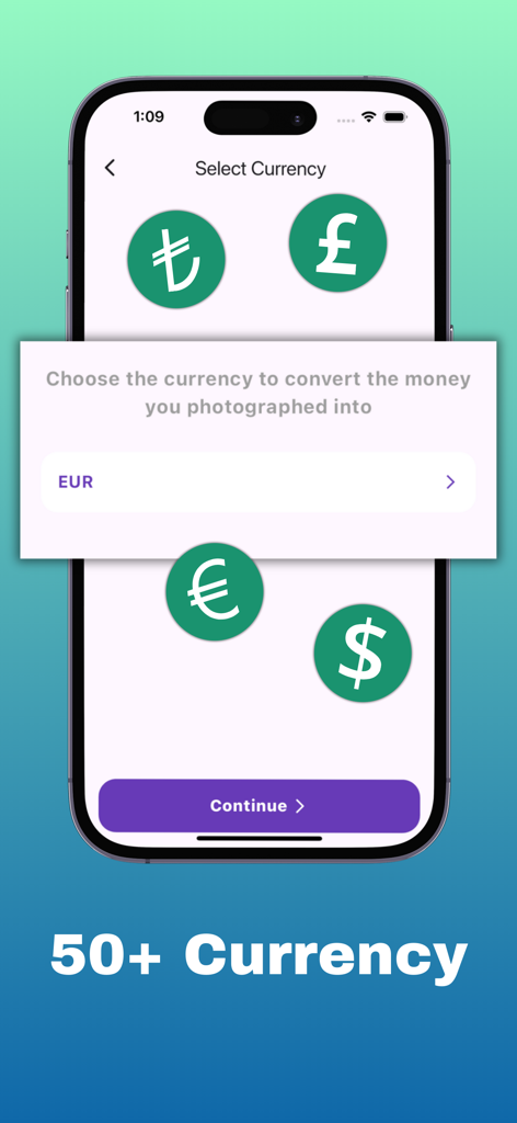 A mobile app screen for selecting currency to convert photographed banknotes with symbols for various world currencies.